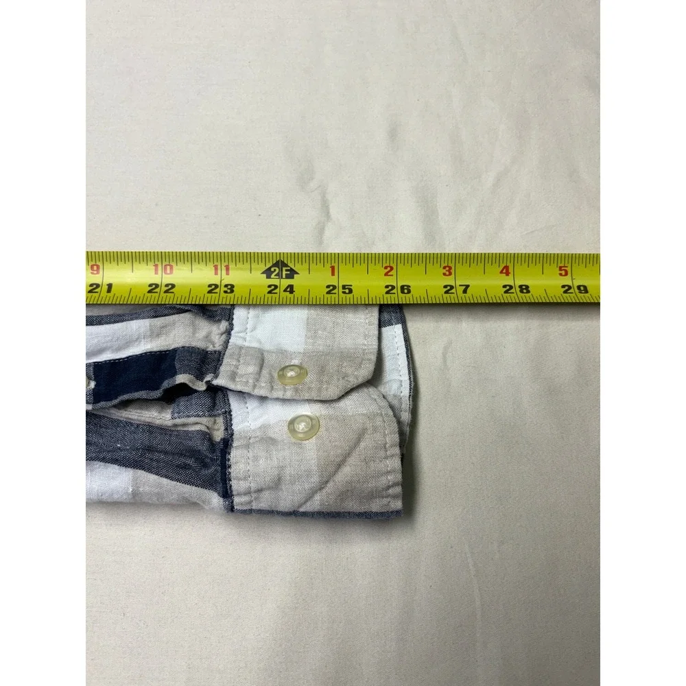 Banana Republic Mens XL Camden Fit 100% Linen Shirt Navy Tan Buffalo Check Plaid